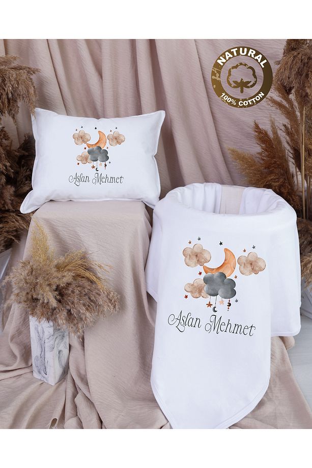 R40 BY İsme özel İsimli Baskılı  Bebek Battaniye Yastık Set %100 pmk - 1