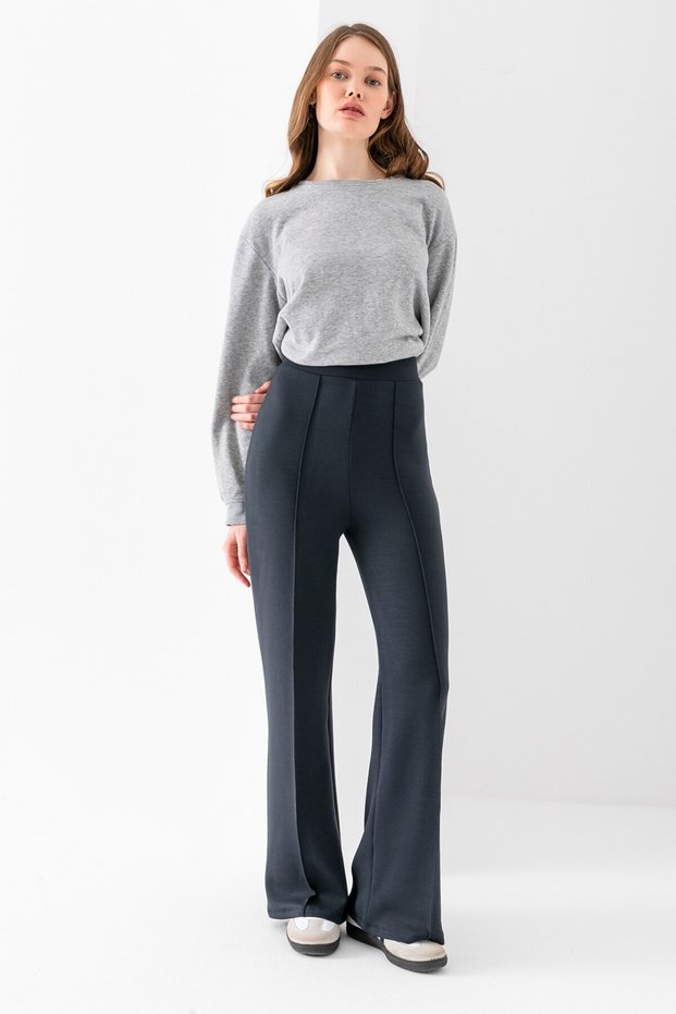 Women's Smoked High Waist Shaping / Sculpting Front Ribbed Modal Fabric Wide Leg Pants Leggings