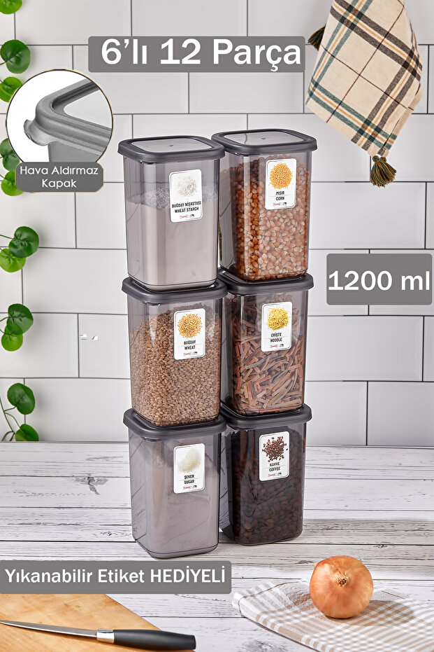 Emilia 6-Piece 12-Piece Labeled Covered Square Food Storage Container Anthracite 6 X 1.2 Lt Pulses Container