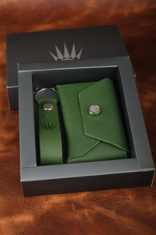 Gift Set Genuine Leather Buttero Green Wallet & Keychain