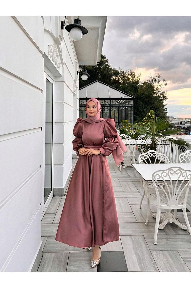 Kadın Gül Kurusu Bera Tesettür Abiye ,elbise,mezuniyet,balo,gece Elbisesi - 3