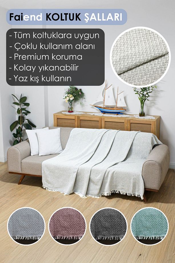 Koltuk Örtüsü 180 X 200 Cm Kanepe Çekyat Divan Berjer Örtüsü Pamuklu Yikanabilir Sade Şal - 1