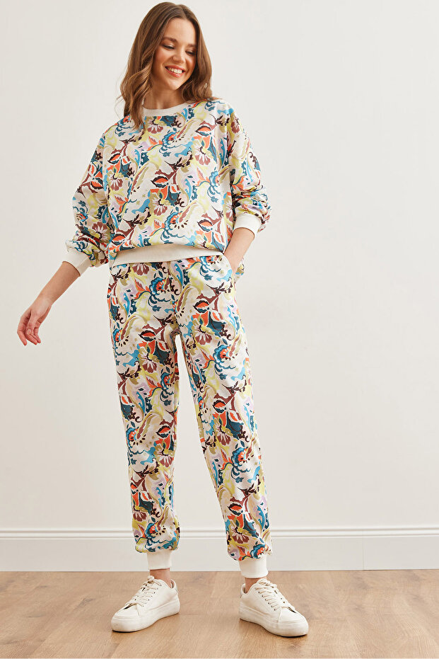 Kadın Sulu Boya Ekru Basic Eşofman Takımı ETKM-0000069 - 1