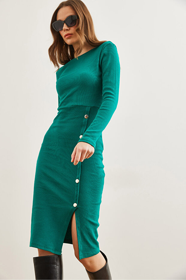 Women's Emerald Green Button Detail Slit Midi Stretchy Dress Elb- 19002256