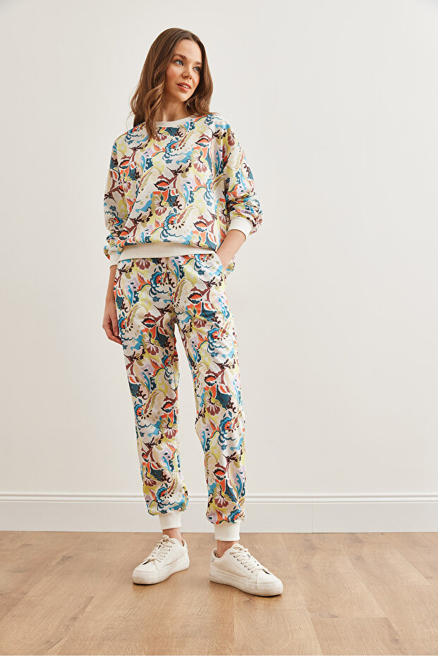 Kadın Sulu Boya Ekru Basic Eşofman Takımı ETKM-0000069 - 6