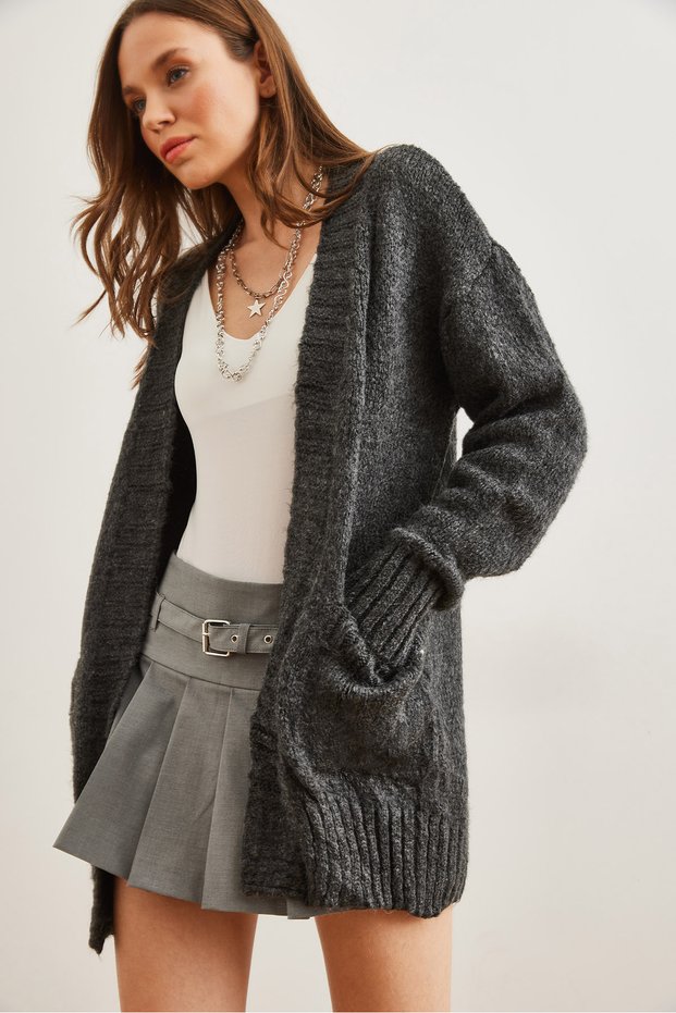Women's Anthracite Pocketed Soft Textured Knitwear Cardigan Hrk- 19000324