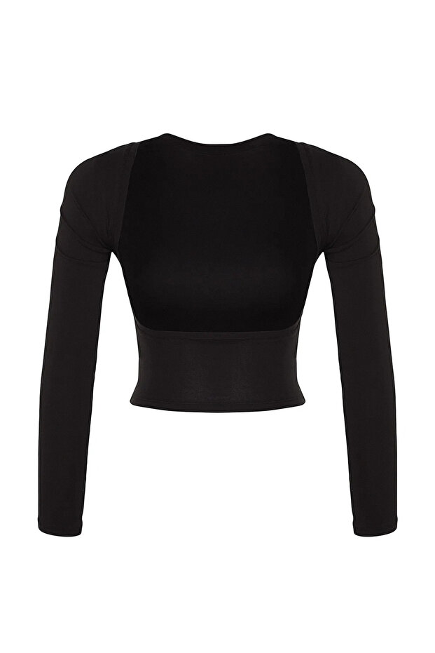 Siyah Derin Sırt Dekolteli Fitted/Vücuda Oturan Pamuklu Esnek Örme Bluz TWOAW24BZ00173 - 8