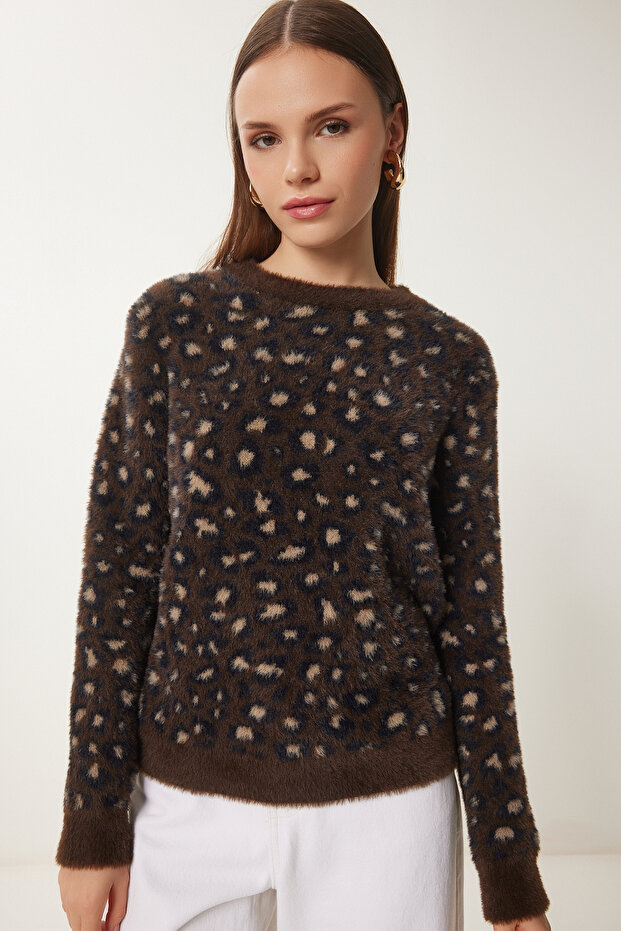 Women's Brown Black Leopard Print Bearded Knitwear Sweater Pf00106