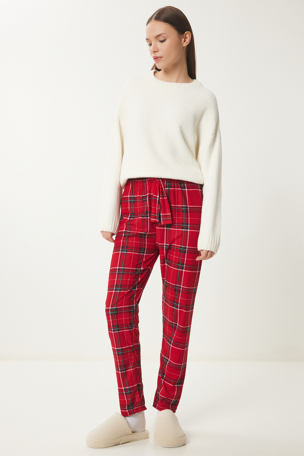 Women's Red Ecru Patterned Soft Textured Knitted Pajama Bottoms Ce00089