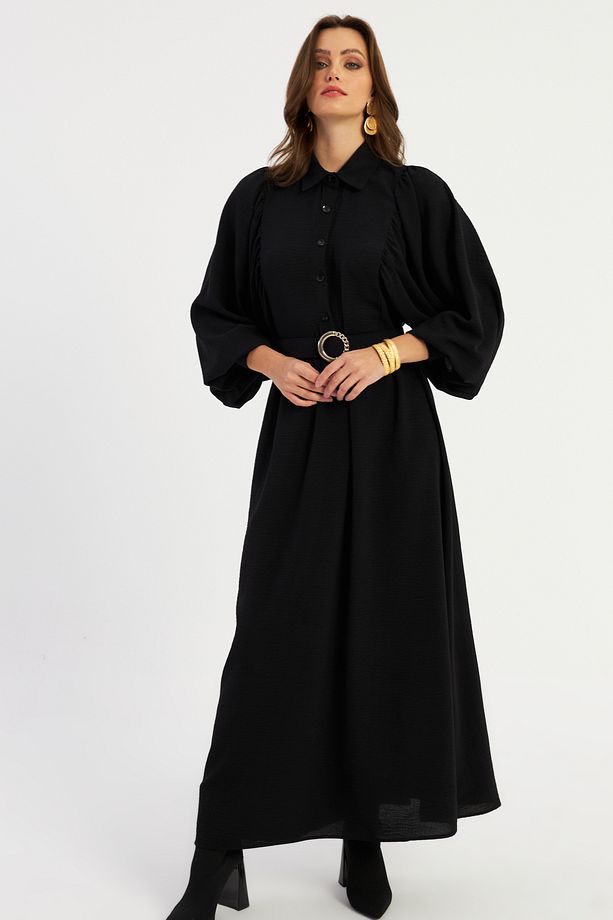 Kadın Siyah Kemerli Maxi Elbise MASF15 - 5