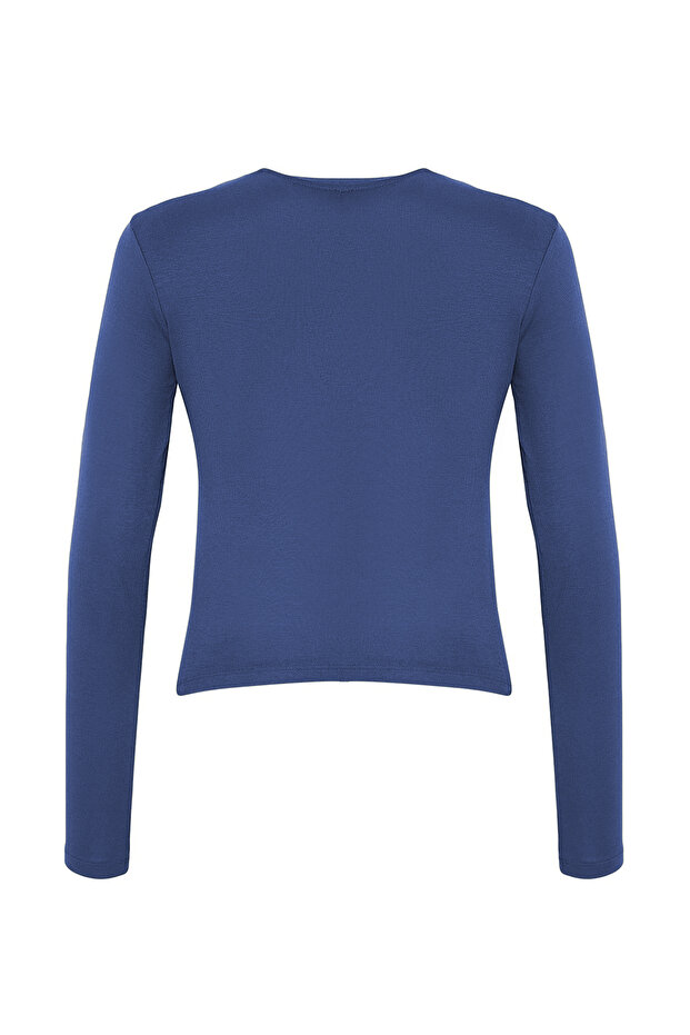 İndigo Viskon Bisiklet Yaka Crop Esnek Örme Bluz TWOAW24BZ00116 - 5