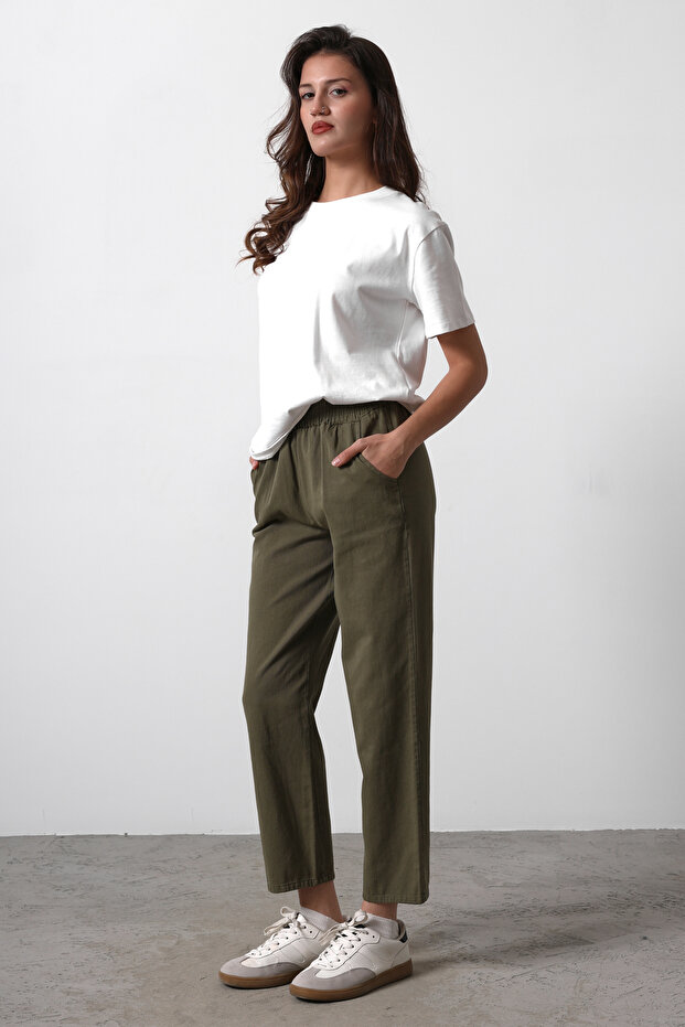Haki Beli Lastikli Gabardin Pamuklu Pantolon TWOSS25PL00036 - 3