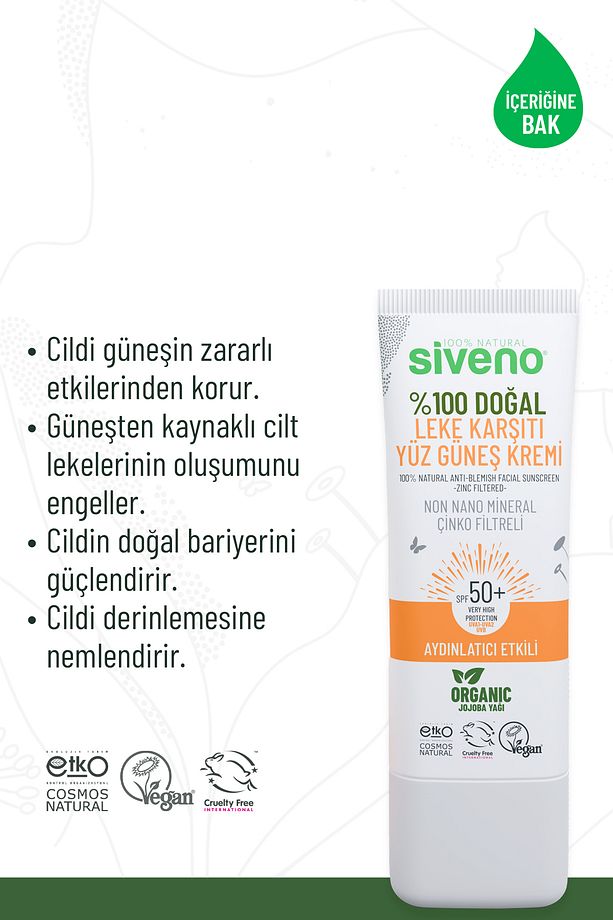 %100 Doğal Yüz Güneş Kremi Leke Karşıtı Aydınlatıcı Mineral Filtre UVA UVB SPF 50+ 30 ml - 7