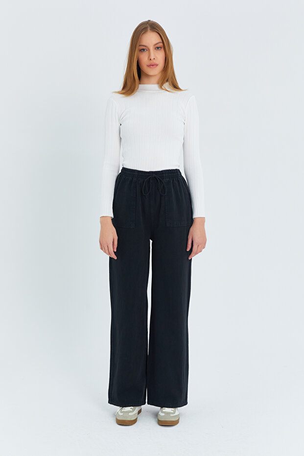Siyah Cep Detaylı Kot Görünümlü Wide Leg/Geniş Paça Dokuma Pantolon TWOSS25PL00076 - 2