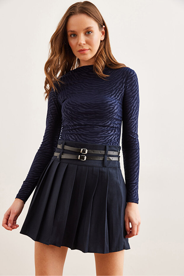 Women's Navy Blue Double Belted Pleated Mini Woven Skirt Etk- 19000288