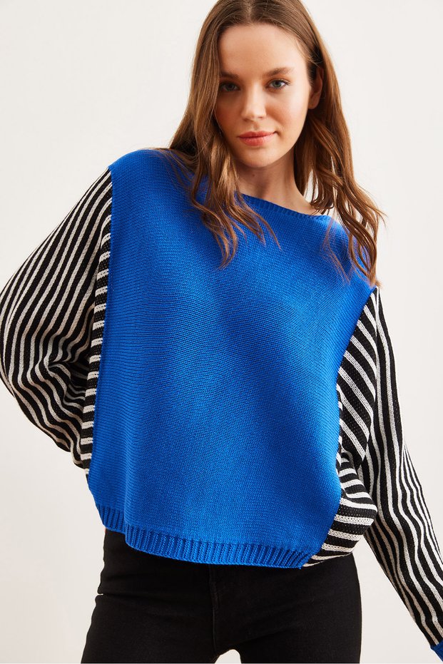 Women's Cobalt Blue Sleeve Detailed Knitwear Sweater Kzk-19000817