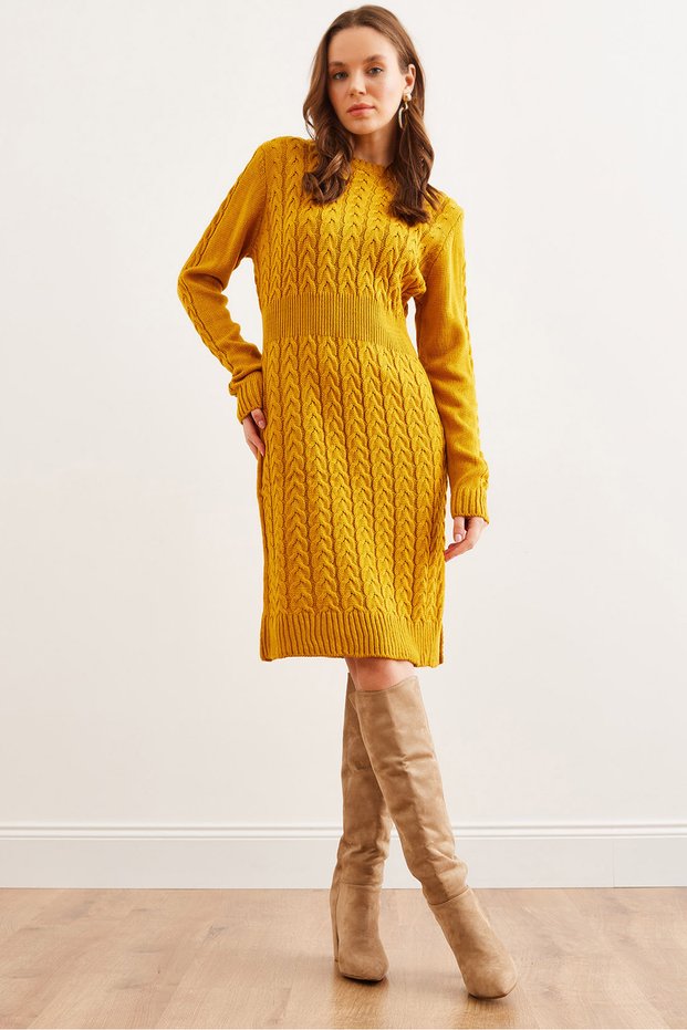 Women's Mustard Waistband Slit Hair Knit Mini Dress Elb- 19002289