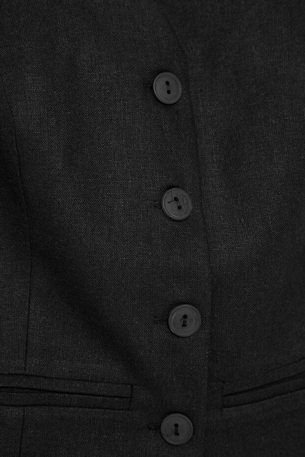 Siyah Fitted Keten Görünümlü V Yaka Crop Dokuma Yelek TWOSS25YE00028 - 9