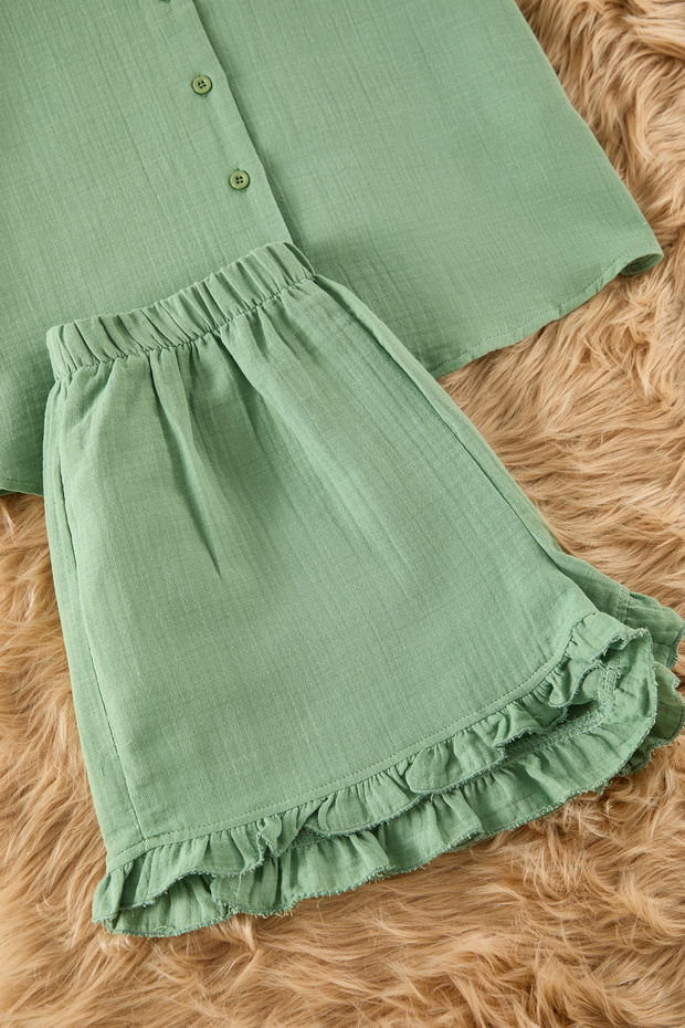 Yeşil %100 Pamuklu Fırfırlı Müslin Şortlu Dokuma Pijama Takımı THMSS25PT00034 - 8