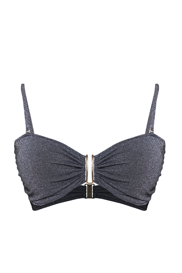 Siyah U Aksesuar Detaylı Simli Askılı Büyük Beden Bikini Üstü TBBSS25CT00007 - 5
