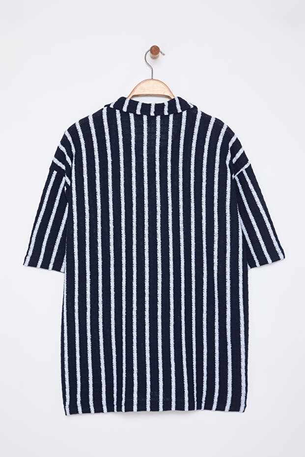 Lacivert Çizgili Triko Görünümlü Polo Yaka T-shirt TMNSS25PO00011 - 5