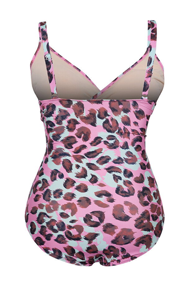 Többszínű mély V kivágott részletes leopárdmintás nagy méretű fürdőruha TBBSS25AM00011 - 8