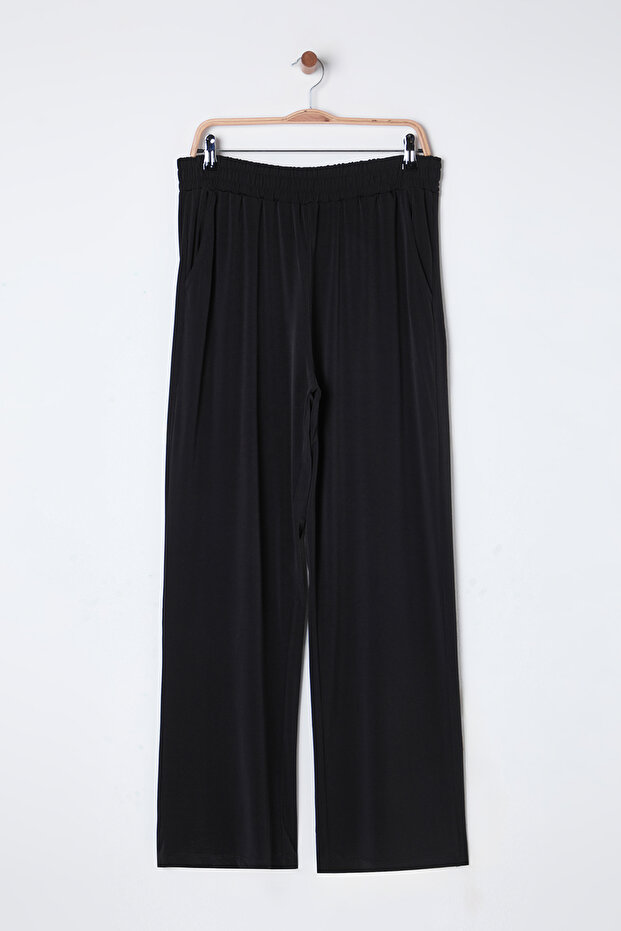 Siyah Yüksek Bel Geniş Paça Örme Pantolon TBBSS25AR00005 - 6