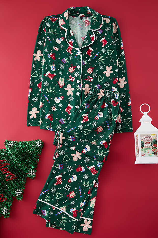 Yeşil Yumuşak Hissiyatlı Yılbaşı Temalı Örme Pijama Takımı THMAW24PT00051 - 1
