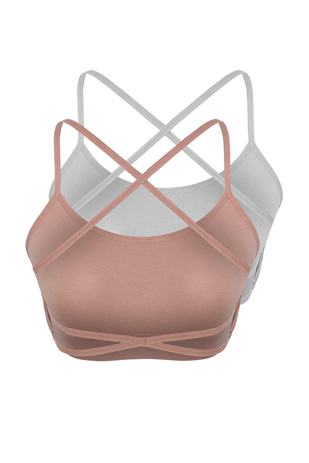 Gri-Bej 2'li Seamless/Dikişiz İp Askılı Balensiz Kapsız Bralette Örme Dekolte Sütyeni THMSS24SU00062 - 11