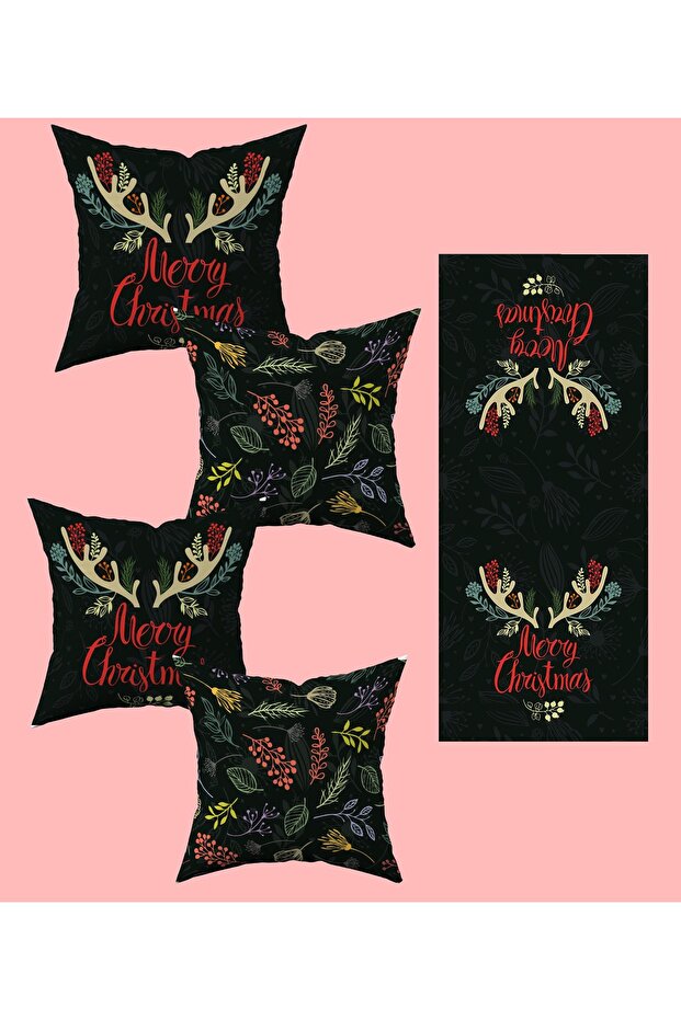 Christmas Themed Antler Merry Patterned 4-Piece Throw Pillow Cover and Runner Set in Red and Yellow Colors