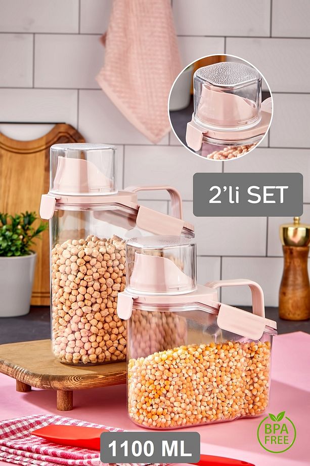 2'li Ölçekli Bakliyat Kabı Seti 1100 ml - Sızdırmaz Kapaklı Erzak Saklama Kabı Deterjan Kutusu - 1