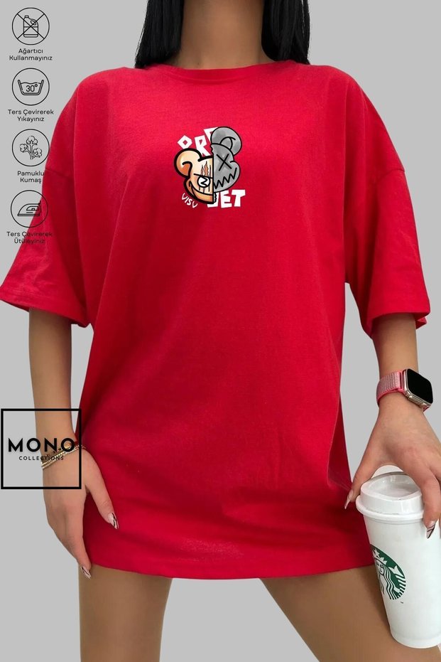 Mono Collection Unisex Oversize Crew Neck Cotton Cartoon Bear Printed Short Sleeve T-Shirt
