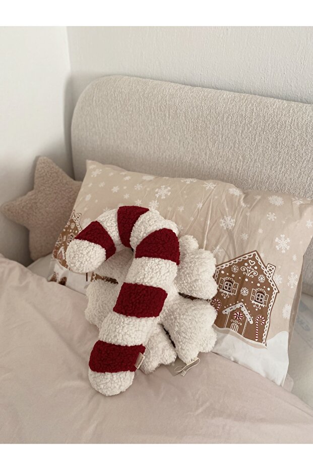Teddy Christmas Candy Cane Pillow Burgundy White