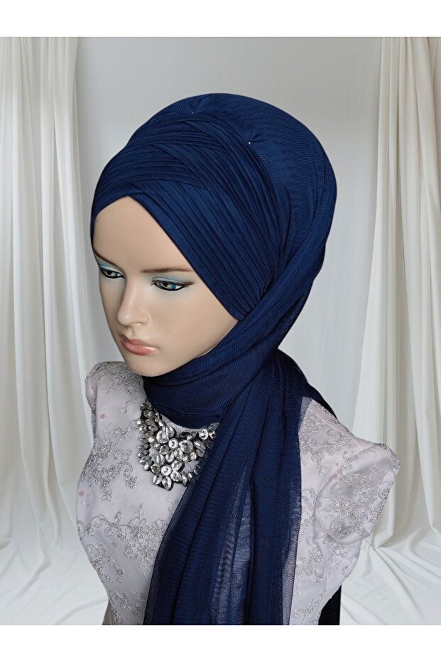 Light Navy Blue Sevda Shawl Ready Veil Ready Turban Evening Dress Shawl