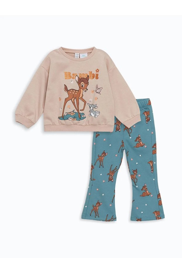 Lcw Kids Pink Crew Neck Printed Girls' Sweatshirt and Leggings