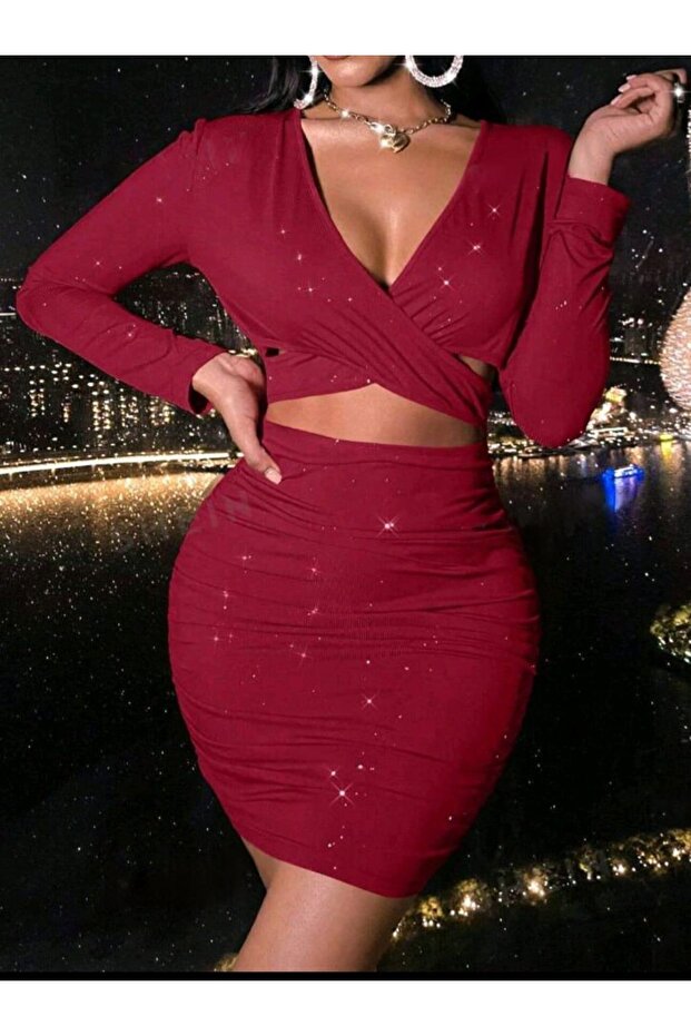 Red Silvery Double Breasted Long Sleeve Mini Bodycon Dress with Decoleted Chest