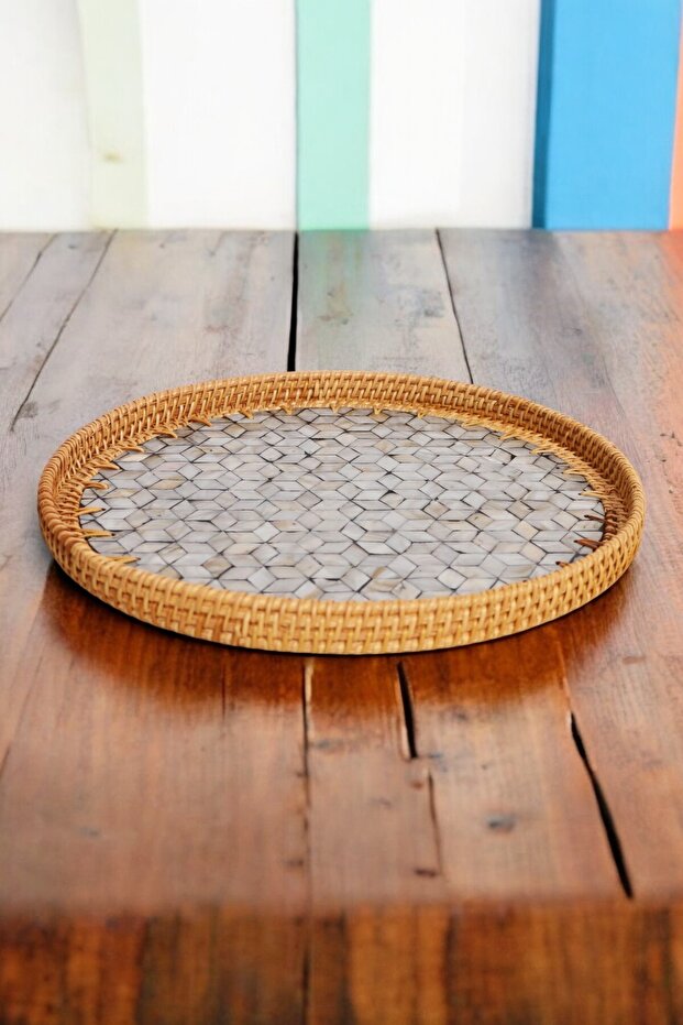 Natural Rattan Framed Mother-Of-Pearl Embroidered Decorative Serving Tray Presentation Tray Large Size (35cm)