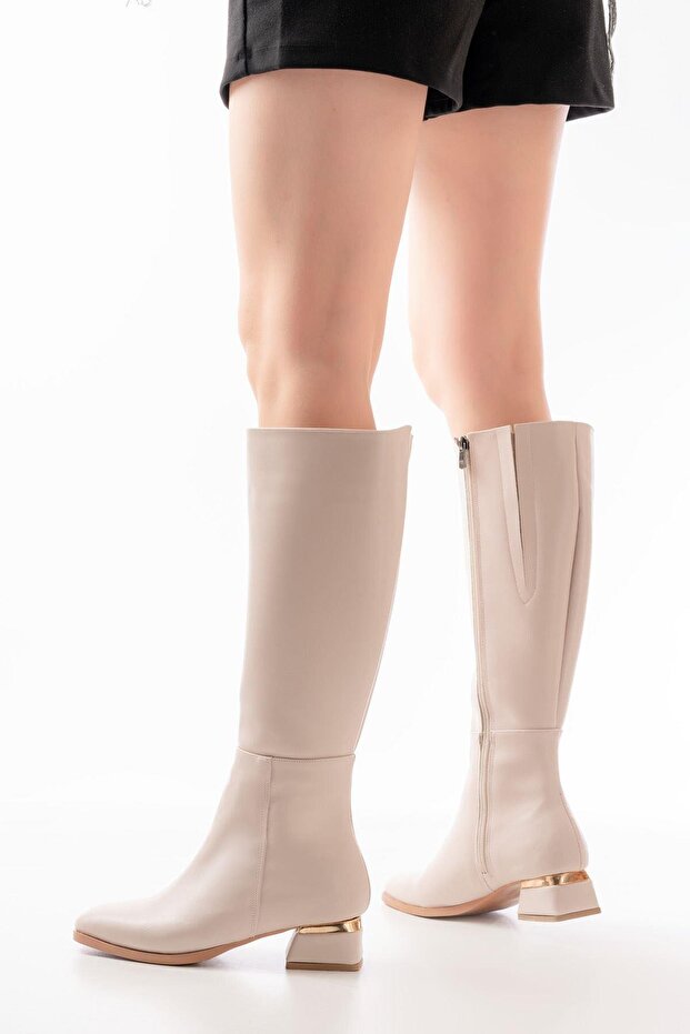 Rm-505 Beige Heeled Zippered Daily Women's Boots
