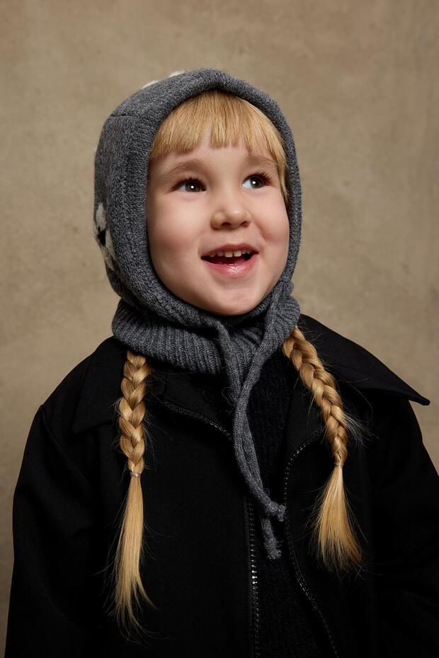 Floral Knitted Balaclava Beanie Anthracite