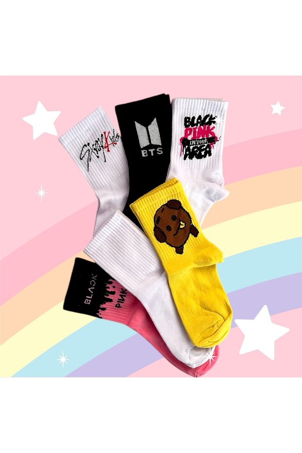 Unisex Series of 6 Black Ping,bts,exo,stray Kids Cheerful College Tennis Socks