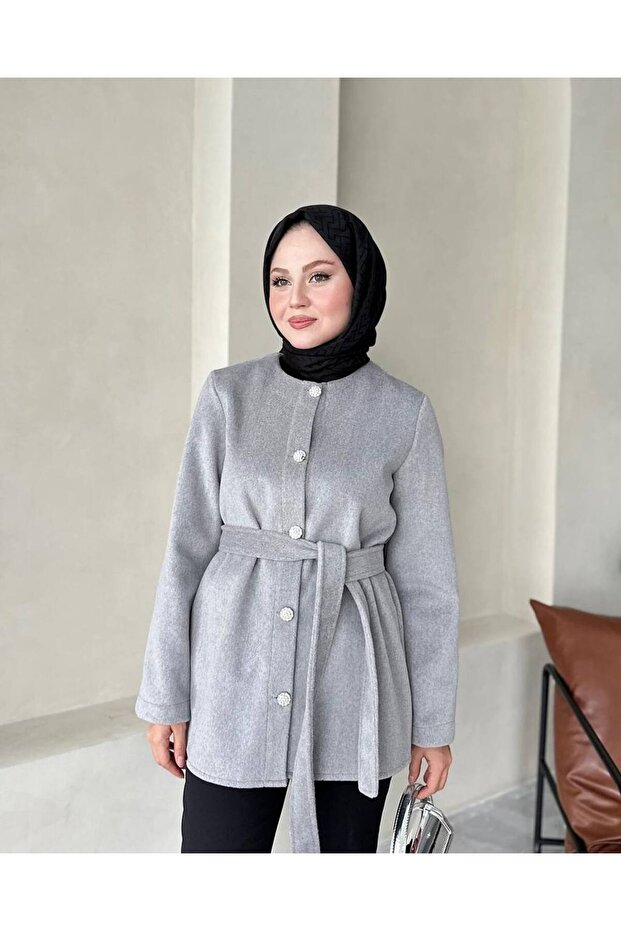 Women's Stamped Short Furry Lined Belted Coat Coat