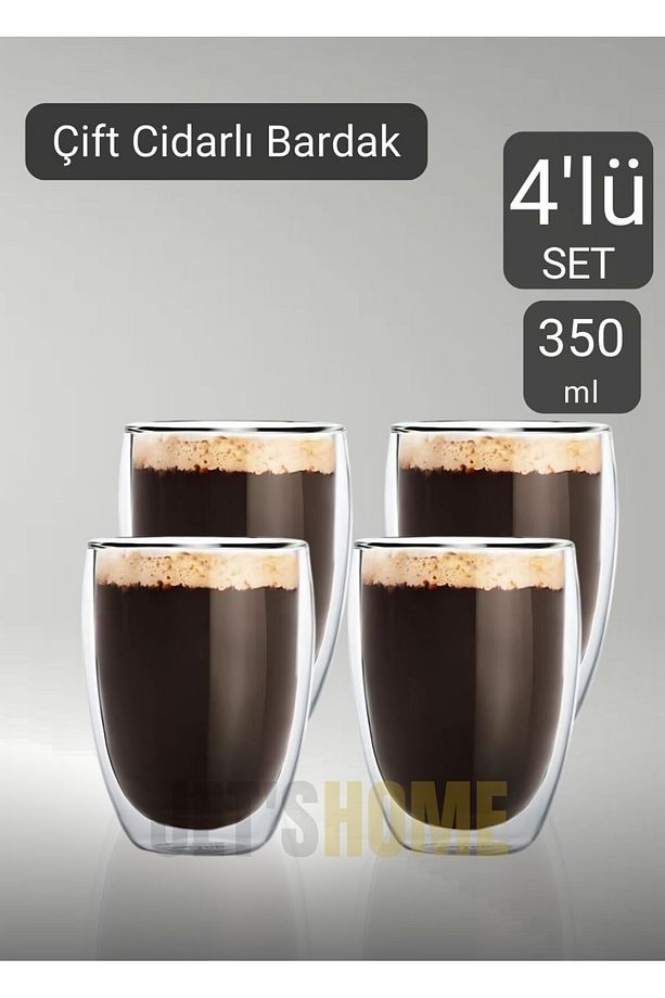 4’lü Set Latte Bardağı Cappuccino Bardağı Çift Cidarlı Bardak Americano Bardağı 350 ml Kahve Bardağı - 1