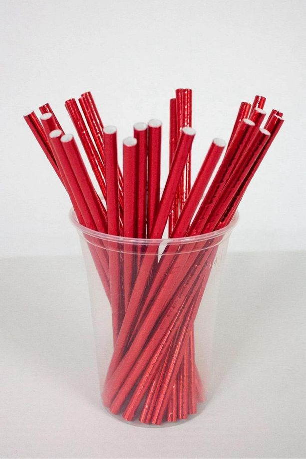 Parlak Metalize Kırmızı Kağıt Pipet 24 Adet Parti Doğumgünü Eğlence İçecek Pipeti - 1
