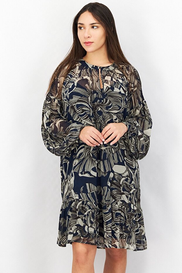 Women Floral Pattern Long Sleeve Midi Dress, Multicolor