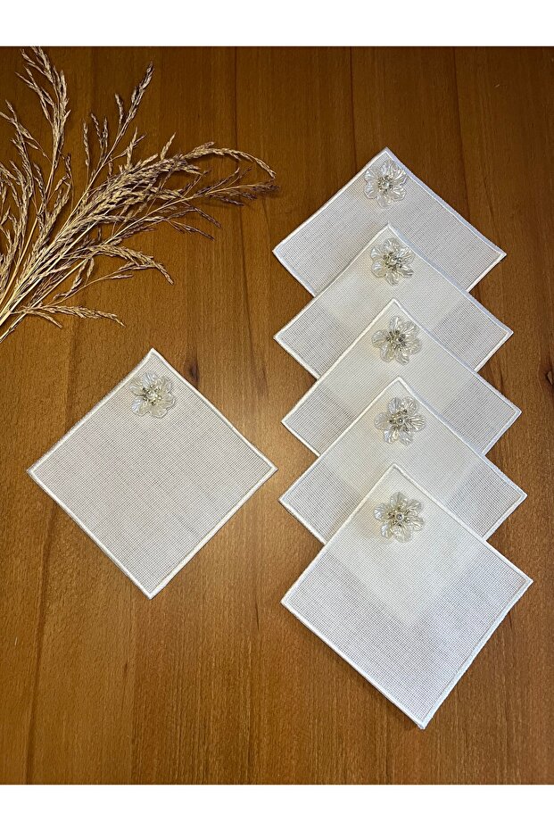 6 Pieces Linen Ecru Color Square Cocktail Presentation Napkins with Orchids