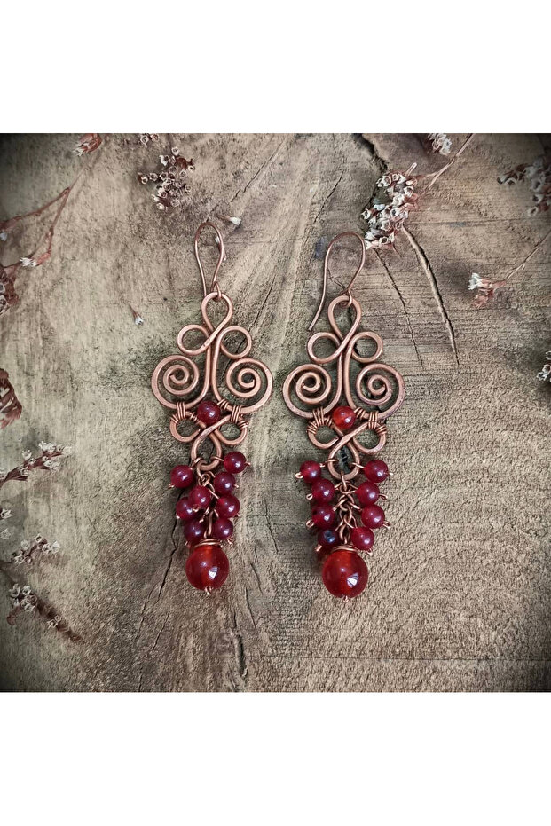 حلق من حجر العقيق المصنوع يدويًا من الأسلاك النحاسية - 1