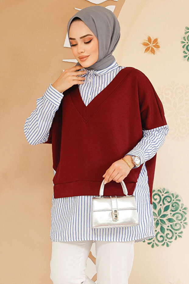Sweater Detailed Burgundy Hijab Shirt 60102Br