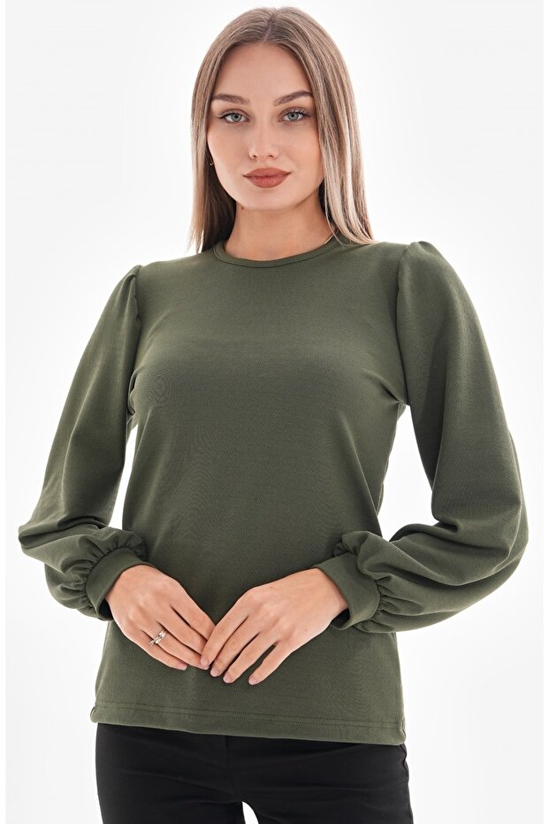 Khaki Balloon Sleeve Lycra Crepe Blouse
