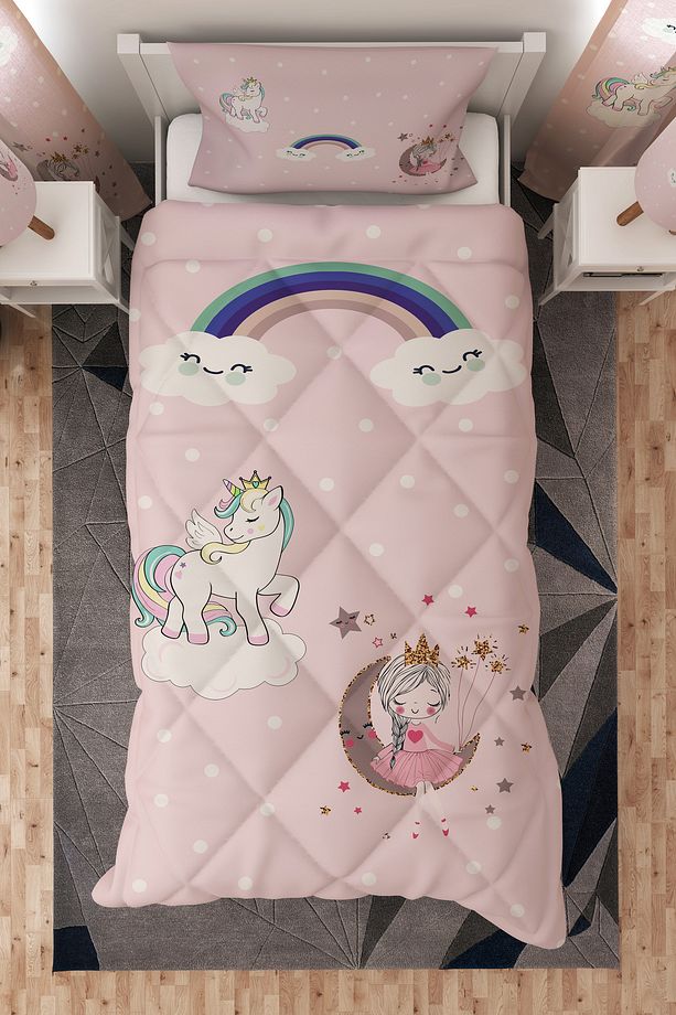 Unicorn'lu Prenses'li Desen Tek Kişilik Çocuk Yorganı Uyku Seti - 1