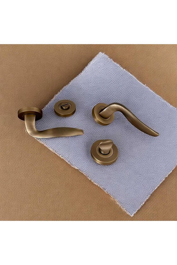 Trim Mat Antik Sarı Yuvarlak Rozetli Wc Banyo Kapı Kolu 1 Takım - 3